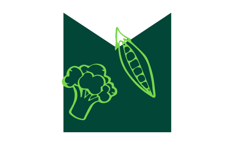 Drawings of vegetables on an M shaped graphic